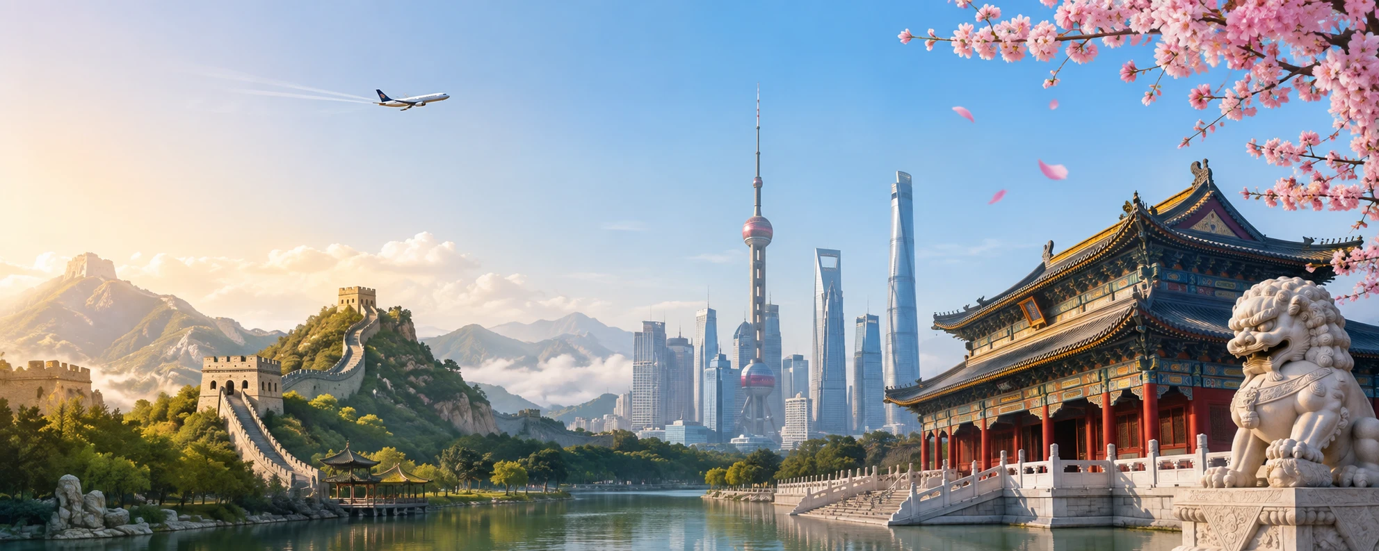 China — the Great Wall, the Shanghai skyline and traditional architecture